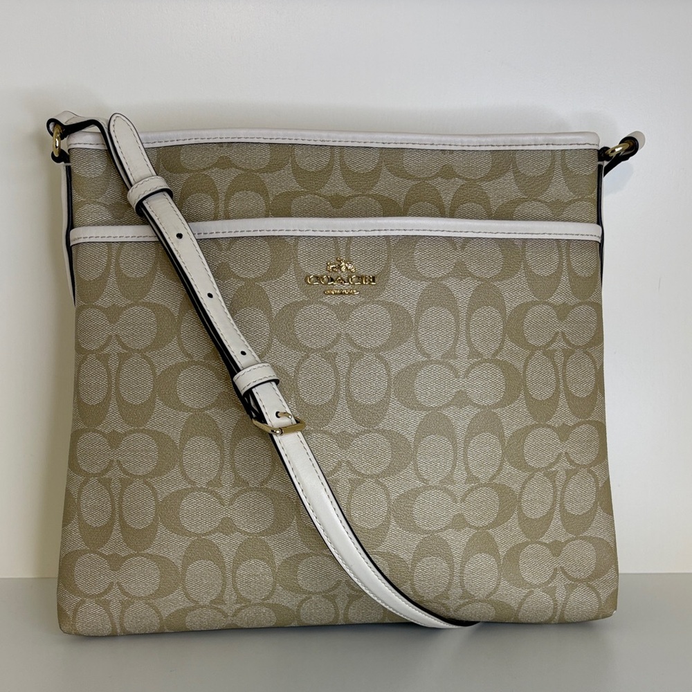 Coach Khaki Signature Canvas Crossbody with White Trim
